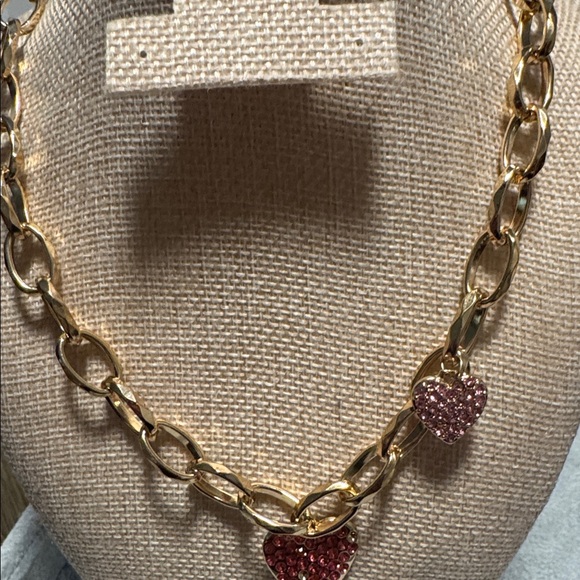 Gold Tone Chunky Chain Necklace w/ Pink Rhinestone Heart Charms (BR888/8) - Picture 4 of 5